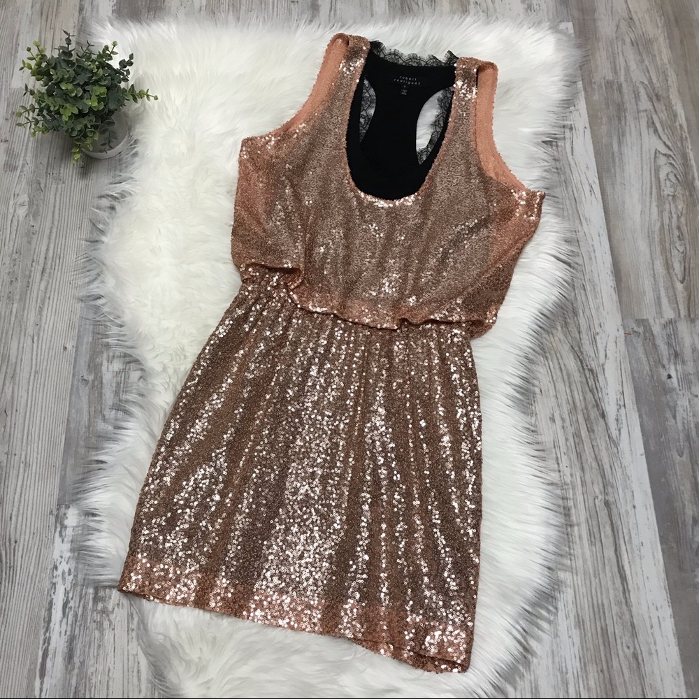 Robert Rodriguez Rose Gold Sequins Silk/Lace Dress